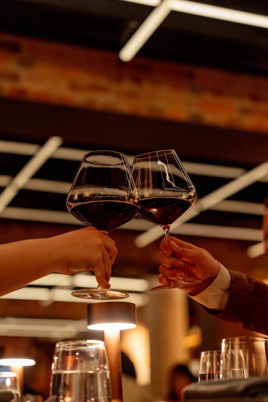 Glasses of red wine clinking under warm lights